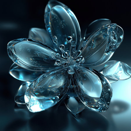 This stunning image showcases a transparent flower sculpture, highlighting intricate details and brilliant reflections, perfect for artistic and decorative purposes.の素材