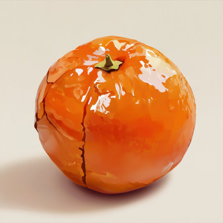 A single fresh orange fruit with a glossy surface sitting on a neutral background. The vibrant color highlights the fruit's ripeness and freshness. Ideal for food-related themes.の素材