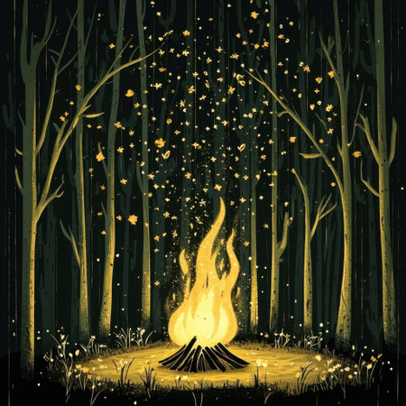 A mesmerizing campfire radiates warmth and light in a serene forest. Twinkling leaves fall gently, creating a magical atmosphere perfect for adventurers.の素材