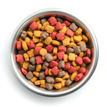 A vibrant assortment of colorful pet food in a sleek metal bowl. Ideal for pet owners looking to nourish their dogs or cats with appealing dry food shapes and textures.の素材