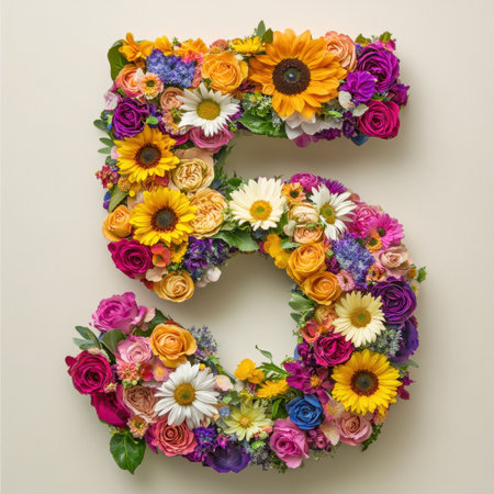 A vibrant and colorful floral arrangement shaped like the number five. This artistic design features a mix of blooms, perfect for celebrations and events.の素材