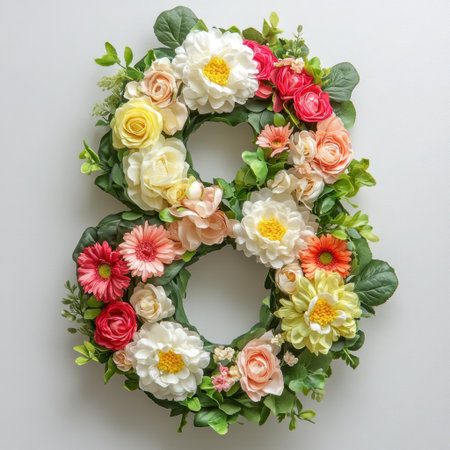 This stunning floral arrangement in the shape of the number eight features vibrant blooms and lush greenery, perfect for events and celebrations.の素材
