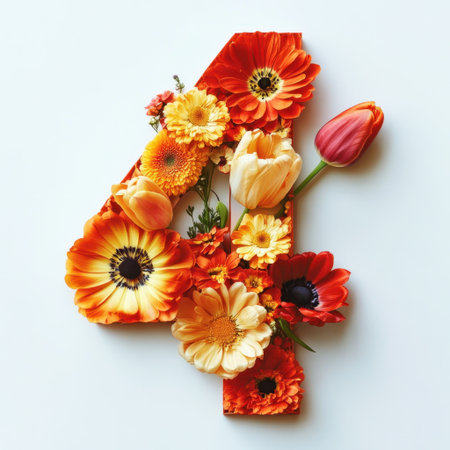A stunning arrangement of vibrant flowers crafted into the shape of the number four, perfect for celebrations, events, or artistic displays.の素材