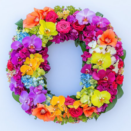 A beautiful floral wreath crafted from vibrant orchids and roses, perfect for adding a touch of nature's beauty to any space or event.の素材
