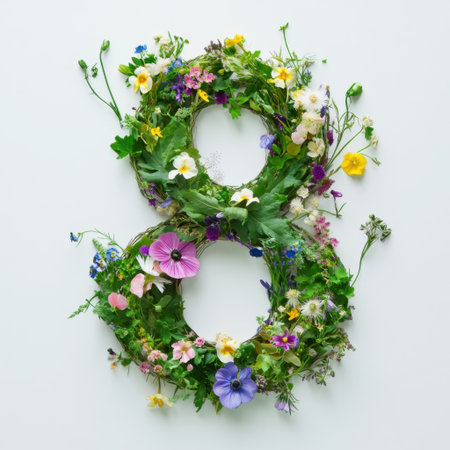 A stunning floral arrangement showcases the number eight, featuring an array of colorful flowers and greenery set against a clean white background, perfect for celebrations.の素材