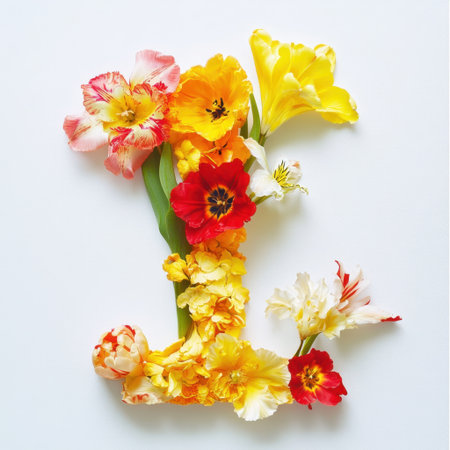 A vibrant floral composition featuring various colorful flowers arranged to form the letter L. Perfect for spring themes or floral designs.の素材
