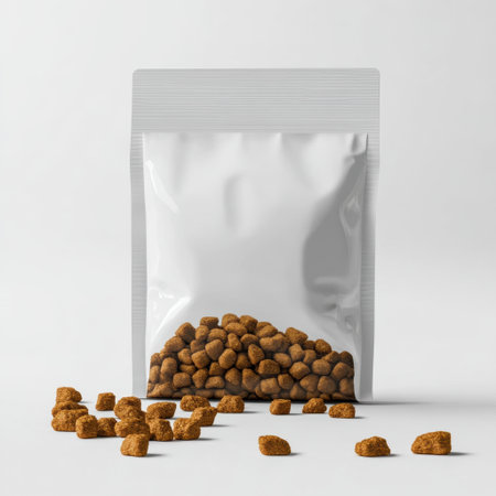 A clear plastic bag filled with brown pet food kibble. Some pieces are scattered around, showcasing the product's texture and quality for animal nutrition.の素材