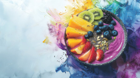 A vibrant fruit bowl featuring a smooth purple base topped with fresh kiwi, blueberries, strawberries, and chia seeds. Perfect for healthy eating!の素材