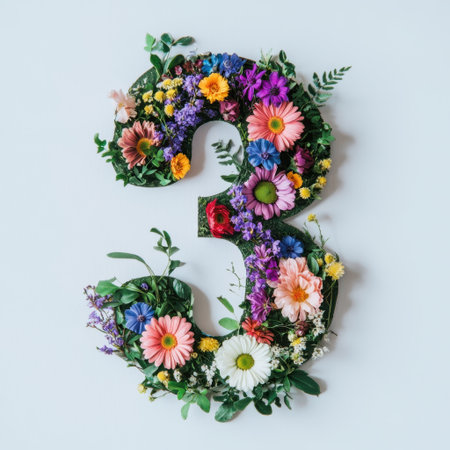 This artistic arrangement showcases the number three adorned with vibrant flowers, creating a joyful and colorful display perfect for celebrations or creative projects.の素材