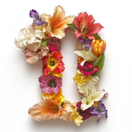 A vibrant floral arrangement in the shape of the number one, featuring a variety of blooms and colors, perfect for celebrations or artistic decor.の素材