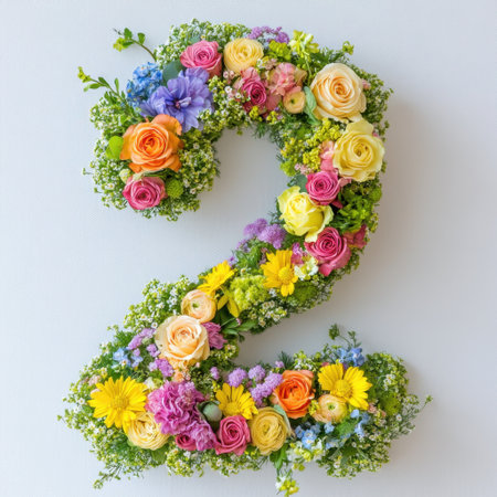 A vibrant floral arrangement shaped like the number two, ideal for decorations at various festive events. Bright colors and fresh blooms bring joy and beauty.の素材