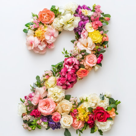 A beautifully arranged floral design features a vibrant number two composed of various colorful blooms. Perfect for celebrations, events, or as a creative decoration.の素材
