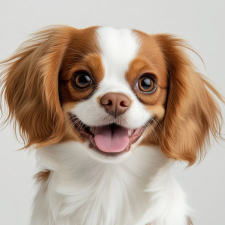 A joyful Cavalier King Charles Spaniel with bright, expressive eyes and a cheerful smile showcases its playful nature. Perfect for pet lovers!の素材