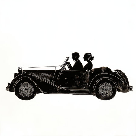 This artistic silhouette features a couple driving a vintage car against a clean white background, depicting romance and adventure. Perfect for themes of nostalgia and elegance.の素材