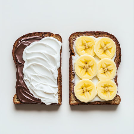 A visually appealing snack featuring bread topped with creamy spreads and fresh banana slices, perfect for a quick and healthy treat.の素材