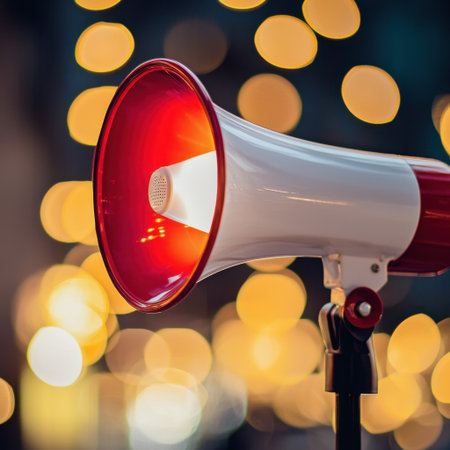A bright megaphone features a striking red bell and is set against a warm bokeh background, symbolizing communication, influence, and announcements in various settings.の素材