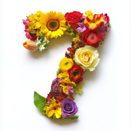 A vibrant floral arrangement in the shape of the number seven, featuring a mix of colorful flowers and greenery. Ideal for creative projects and celebrations.の素材