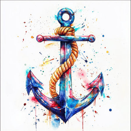A vibrant watercolor anchor illustration featuring dynamic splashes of color and detailed rope winding, perfect for nautical themes and artistic decor.の素材
