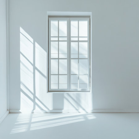 A serene minimalist room featuring a large window allowing natural light to filter through, casting gentle shadows on white walls, creating a tranquil atmosphere.の素材
