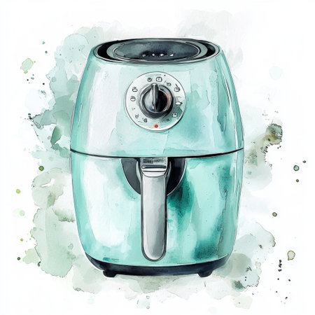 This artistic illustration features a stylish air fryer designed for modern kitchens. Innovative and compact, it offers healthy cooking options while enhancing decor.の素材