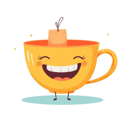 This vibrant illustration features a cheerful yellow cup character with a smiling face and a tea bag, radiating fun and positivity. Perfect for tea-related themes!の素材
