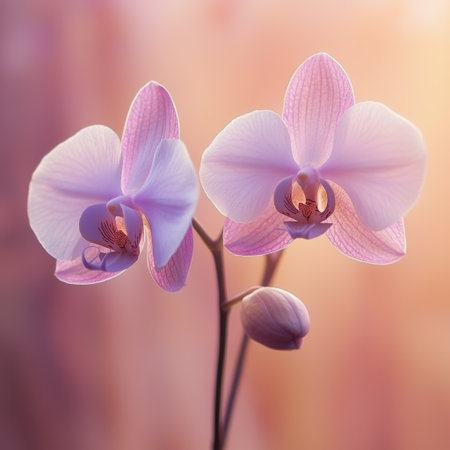 Stunning close-up of delicate pink orchid blooms with a soft light background, perfect for nature lovers and floral decor projects. Captures elegance and beauty.の素材