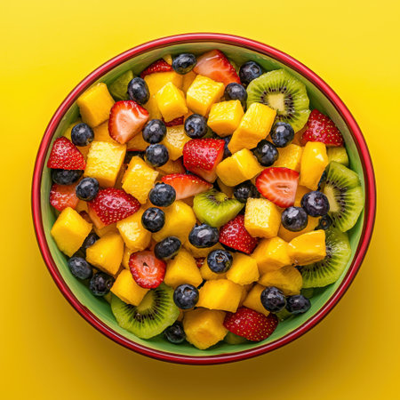 A vibrant bowl of fresh fruit salad featuring mango, kiwi, strawberries, and blueberries. Perfect for a healthy snack or a colorful dessert option.の素材