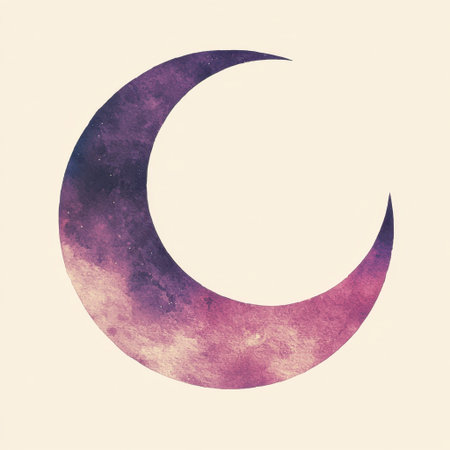 A stunning crescent moon illustration featuring vibrant watercolor hues and cosmic textures, perfect for evoking a dreamy and celestial atmosphere in any design project.の素材