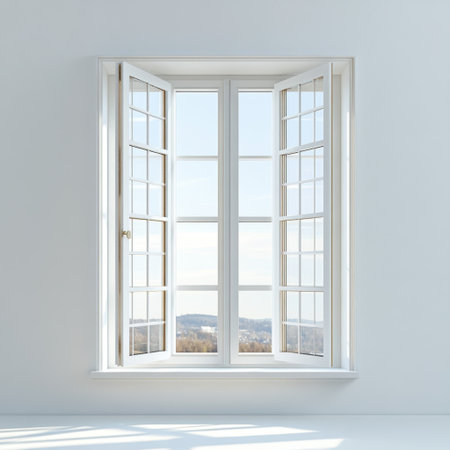 A bright and airy window with open shutters showcases a scenic view, inviting natural light indoors. The minimalist design emphasizes tranquility and calmness.の素材