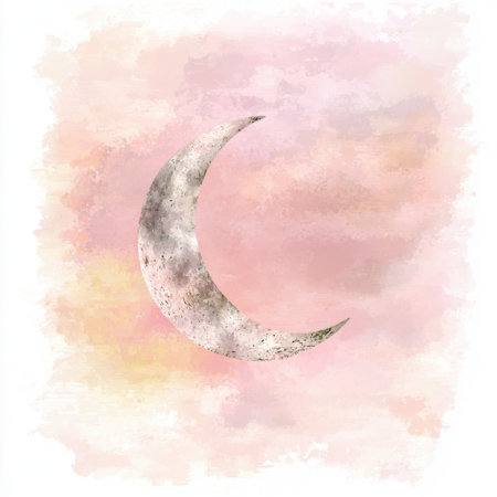 A beautiful moon glows gently over soft pastel clouds in a dreamy evening sky. Ideal for backgrounds in art, design, and serene atmospheres.の素材