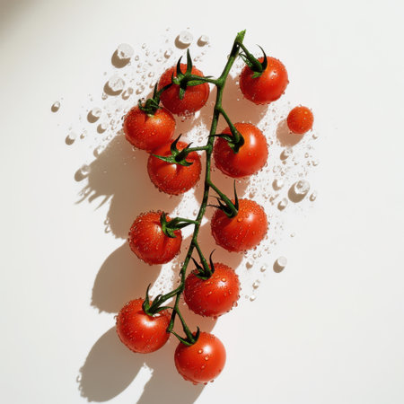 A cluster of fresh cherry tomatoes glistening with water drops on a clean white surface, showcasing the beauty and freshness of these vibrant vegetables. Perfect for culinary themes.の素材