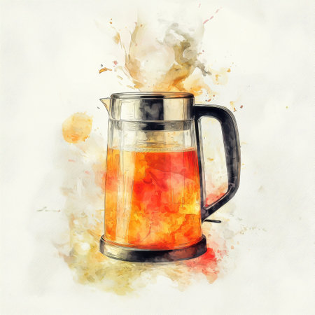 A vibrant artwork showcasing a boiling kettle filled with tea against a watercolor splash background, perfect for kitchen and beverage themes.の素材
