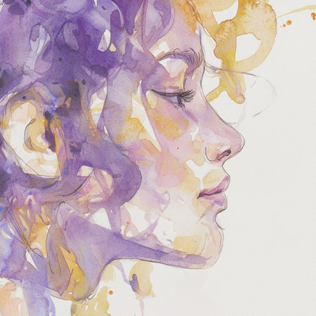 A captivating watercolor portrait depicting a serene woman, showcasing gentle colors and fluid lines that evoke a sense of tranquility and artistic beauty.の素材