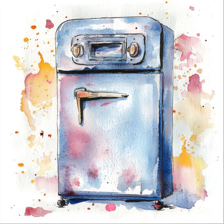 This stunning artwork features a vintage refrigerator amidst a vibrant watercolor splash, perfect for adding a touch of retro charm to any kitchen decor.の素材