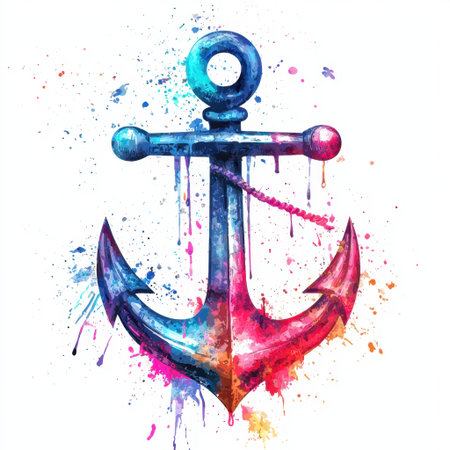 This vibrant anchor design showcases a splash of colorful watercolor effects, blending hues of blue and pink in an artistic expression ideal for marine themes.の素材