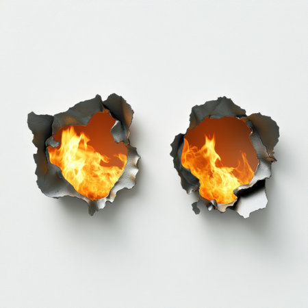 Dramatic image showcasing flames bursting through torn paper, symbolizing energy and intensity. The isolated white background highlights the vibrant colors and dynamic movement of the fire.の素材