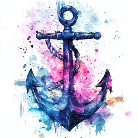 This vibrant watercolor anchor design features a blend of blue and pink splashes. Perfect for marine themes, this artwork adds a creative touch to any space.の素材