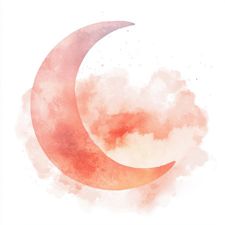 This elegant watercolor illustration features a crescent moon against a soft, colorful background. The blend of warm hues creates a serene and dreamy atmosphere, perfect for artistic or decorative uses.の素材