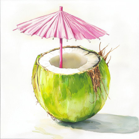Enjoy this artistic depiction of a fresh coconut drink featuring a pink umbrella, perfect for summer vibes and beach relaxation. Ideal for food and beverage themes.の素材