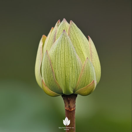A stunning close-up of a green lotus flower bud, poised to bloom against a blurred background. This image captures the essence of natural beauty and tranquility.の素材