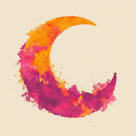 A captivating watercolor illustration of a crescent moon featuring vivid orange and pink hues. This artwork brings a whimsical touch to any creative project or decor.の素材