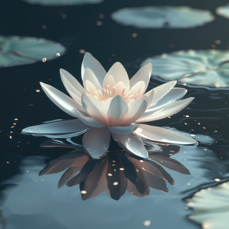 A beautiful water lily gracefully floats on a calm pond, showcasing delicate petals reflecting on the water surface, creating an atmosphere of tranquility and peace.の素材