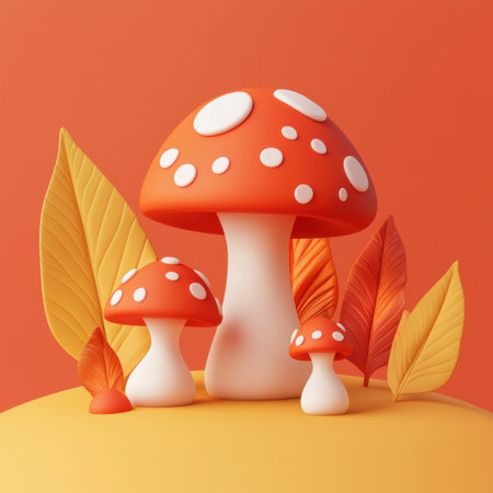 A whimsical composition of colorful mushrooms and autumn leaves against a bright orange background, perfect for seasonal themes and nature-inspired designs.の素材