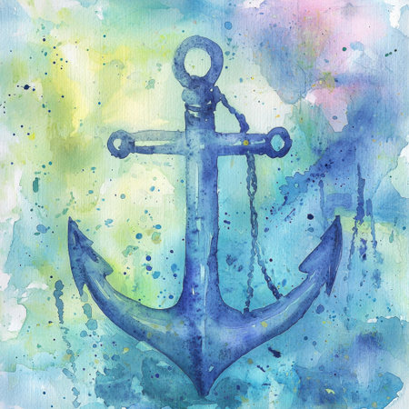 This watercolor illustration features a tranquil anchor set against an abstract, colorful background. Perfect for nautical themes, it embodies creativity and elegance.の素材
