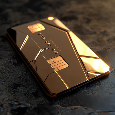 This image features a modern futuristic credit card with a glossy metallic finish, resting on a dark surface. Ideal for themes of finance and technology.の素材