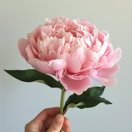 A close-up image of a delicate pink flower held by a hand, showcasing its beauty and elegance against a clean white background. Perfect for floral themes.の素材