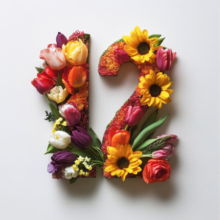 A vibrant floral arrangement forming the number twelve, perfect for celebrations and events. This colorful display showcases various flowers and brings joy and beauty to any occasion.の素材