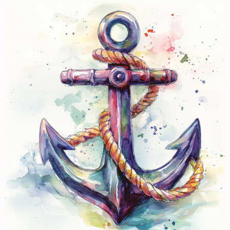 This vibrant watercolor illustration features an anchor entwined with rope, surrounded by colorful splashes, ideal for nautical-themed designs and decorations.の素材
