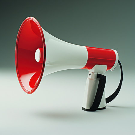 A vibrant red and white megaphone designed for effective communication. Ideal for events, protests, or speeches, it amplifies the voice for better outreach.の素材