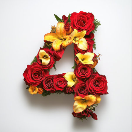 A stunning floral arrangement featuring the number four made from vibrant red roses and yellow lilies, perfect for celebrations and events.の素材